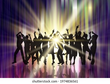 Silhouette of a party crowd on a starburst background