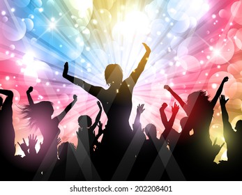 Silhouette of a party crowd on a starburst background