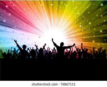 Silhouette of a party crowd on a starburst background