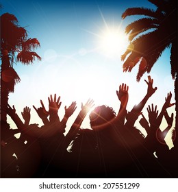 Silhouette of a party crowd on a tropical background
