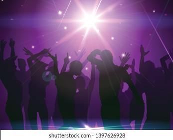 Silhouette of  party people on a spotlight background with laser lights