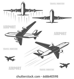 
The silhouette of a passenger airplane in a flight. From different angles. For advertising and design.