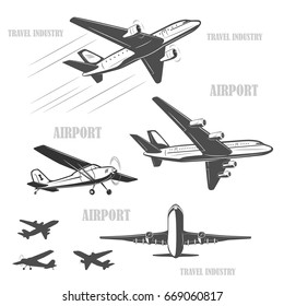 
The silhouette of a passenger airplane in a flight. From different angles.  vintage, small aircraft. For advertising and design.