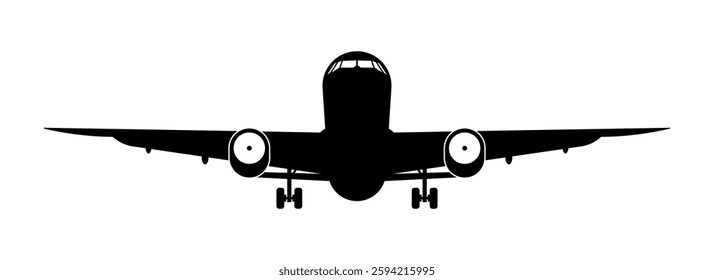 Silhouette of a passenger airplane front view with landing gear down. Vector icon