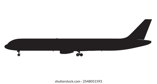 Silhouette of passenger airplane isolated on white background. Side view. Vector illustration