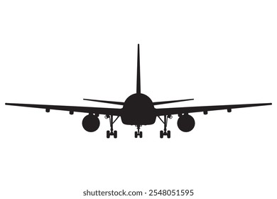 Silhouette of passenger airplane isolated on white background. Front view. Vector illustration