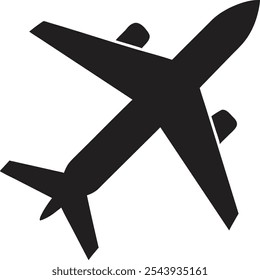 The silhouette of a passenger plane is black on a white background.