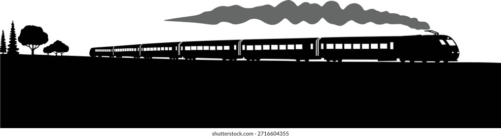 Silueta del tren de pasajeros en el horizonte del paisaje