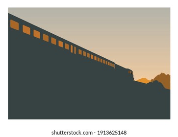 silueta del tren de pasajeros en perspectiva con fondo de montaña y cielo