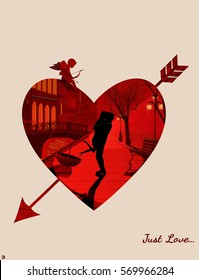 The silhouette of a passionate couple placed in a heart shaped frame picked with arrow. Double exposure vector.
