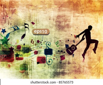 silhouette of passionate guitarist dancing in the grunge design poster.