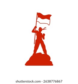 Silhouette of a patriot raising indonesian flag on a mountain top, celebrating indonesia's independence day