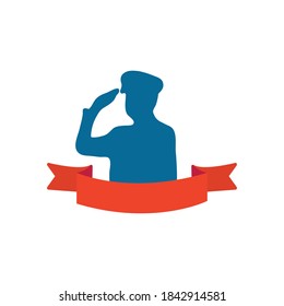silhouette of patriotic soldier saluting and decorative ribbon over white background, colorful design, vector illustration