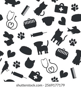 Silhouette Pattern of Animals and Veterinary Items - Dogs, Cats, Rabbit, Turtle, Medicine bag, Syringe, Stethoscope, Footprints and more. Seamless Link.