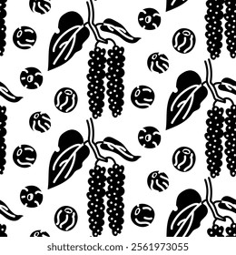 silhouette pattern is a branch with a round black pepper. Food, hand-drawn. Vector illustration of pepper seeds on a white background. spices, seasonings for the spice of dishes. Food additives