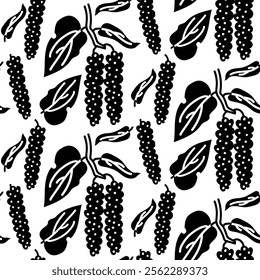 silhouette pattern is a branch with a round black pepper. Food, hand-drawn. Vector illustration of a blooming pepper on a white background. spices, seasonings for the spice of dishes. Food additives