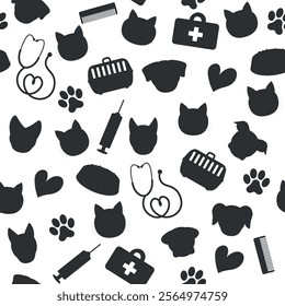 Silhouette Pattern of Pets and Veterinary Items - Dogs and Cats Heads, Food, Medicine bag, Carrying Box, Syringe, Stethoscope, Footprints and more. Seamless Link.