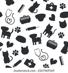 Silhouette Pattern of Pets and Veterinary Items - Dogs, Cats, Food, Medicine bag, Carrying Box, Syringe, Stethoscope, Footprints Comb and Hearts. Seamless Link.