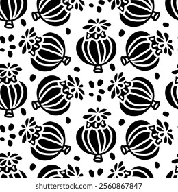 silhouette pattern of poppy pods with seeds. Sweet, the food. Hand-drawn. Vector illustration of dried poppy flowers and pods on white background. spices, seasonings for sweet dishes. Baking additives