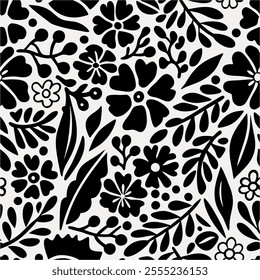  Silhouette Pattern of seamless wildflowers. Abstract botanical floral pattern in small abstract flowers, Black botany design.perfect for fabric,print design.