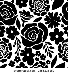  Silhouette Pattern of seamless wildflowers. Abstract botanical floral pattern in small abstract flowers, Black botany design.perfect for fabric,print design.