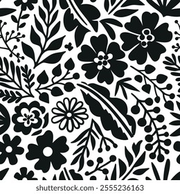  Silhouette Pattern of seamless wildflowers. Abstract botanical floral pattern in small abstract flowers, Black botany design.perfect for fabric,print design.