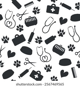 Silhouette Pattern of Veterinary and Pet Shop Items - Footprints, Medicine bag, Carrying Box, Syringe, Stethoscope, Food, Water, Scissors and more. Seamless Link.