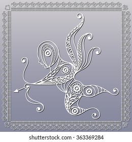 Silhouette of a patterned Amur (Cupid, Love) in floral style. Suitable for invitation, flyer, sticker, poster, banner, card,label, cover, web. Vector illustration.