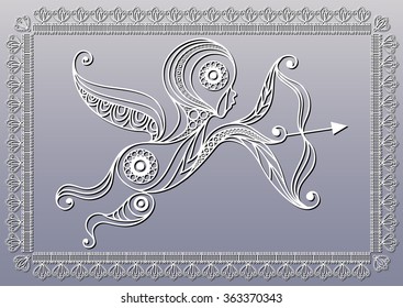 Silhouette of a patterned Amur (Cupid, Love) in floral style. Suitable for invitation, flyer, sticker, poster, banner, card,label, cover, web. Vector illustration.