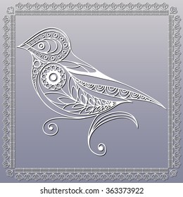 Silhouette of a patterned bird in floral style. Suitable for invitation, flyer, sticker, poster, banner, card,label, cover, web. Vector illustration.