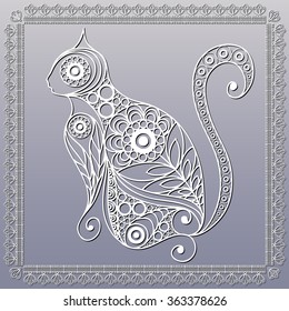 Silhouette of a patterned cat in floral style. Suitable for invitation, flyer, sticker, poster, banner, card,label, cover, web. Vector illustration.