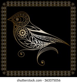 Silhouette of a patterned gold bird in floral style. Suitable for invitation, flyer, sticker, poster, banner, card,label, cover, web. Vector illustration.