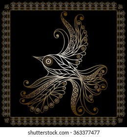 Silhouette of a patterned gold bird in floral style. Suitable for invitation, flyer, sticker, poster, banner, card,label, cover, web. Vector illustration.