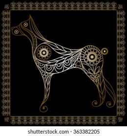 Silhouette of a patterned gold dog (hound) in floral style. Suitable for invitation, flyer, sticker, poster, banner, card,label, cover, web. Vector illustration.