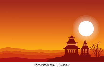 Silhouette of pavilion and bamboo tree