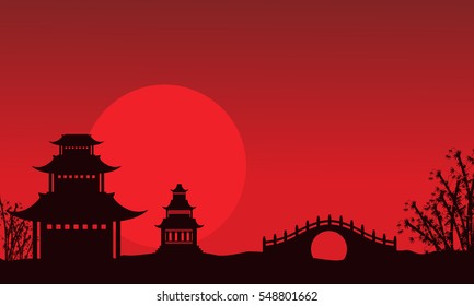 Silhouette Of Pavilion And Bridge Chinese Theme