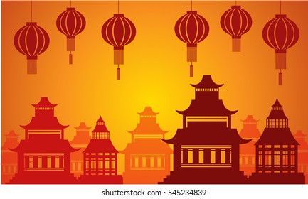 Silhouette of pavilion and lanterns