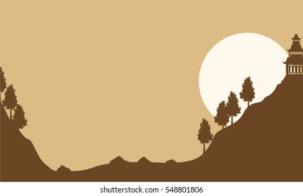 Silhouette of pavilion with moon landscape