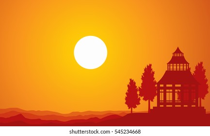Silhouette of pavilion on the sunset