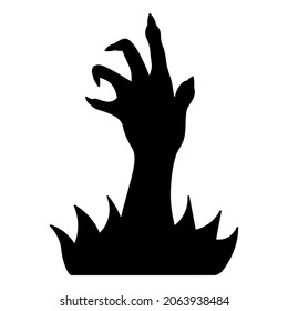 Silhouette of a paw with claws. The dead man's hand is selected from the thicket of grass. Gnarled fingers with sharp nails. The ominous zombie palm made its way to the surface. Vector illustration. 