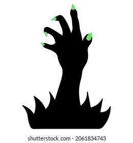 Silhouette of a paw with green claws. The dead man's hand is selected from the thicket of grass. Gnarled fingers with sharp nails. The ominous zombie palm made its way to the surface. Vector 