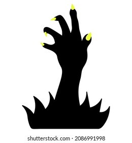 Silhouette of a paw with yellow claws. The dead man's hand is selected from the thicket of grass. Gnarled fingers with sharp nails. The ominous zombie palm made its way to the surface. Vector 