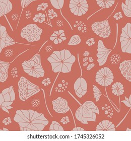 Silhouette peach color palette lotus flowers seamless pattern.