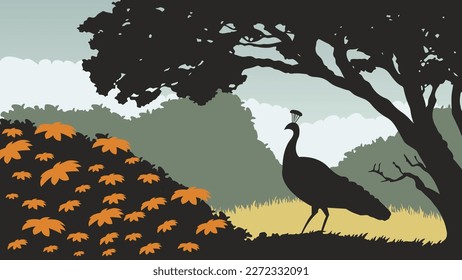 silhouette of a peacock in a garden with flowers and a clear blue sky