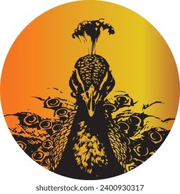 silhouette of a peacock, with a gradient orange circle background
