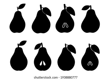 Silhouette of a pear. Minimalistic simple fruit element. Sliced pears with seeds. Isolated on a white background. Vector illustration. 