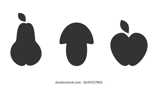 Silhouette Pear Mushroom and Apple Fruits Autumn Vegetables Sticker Icon Pictogram Design elements