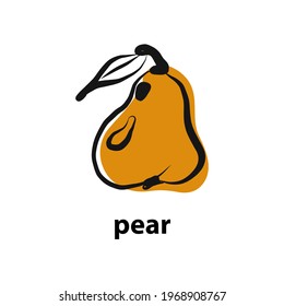 Silhouette pear one line drawing fruit. Organic simple icon. Food object in minimal graphic hand drawn style. Yellow fruit is a flat vector illustration for logo, website, app, ui.