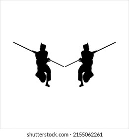 Silhouette of 'Pencak Silat' Athlete in action use long stick, Pencak Silat is Martial Art from Indonesia. Vector Illustration