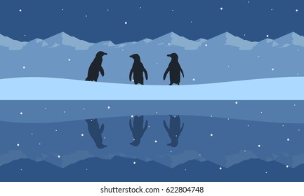 Silhouette of penguin beauty scenery on snow hill